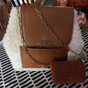 Steve Madden Brown and Cream Sherpa Mini Backpack & Mini Teddy Wallet Crossbody